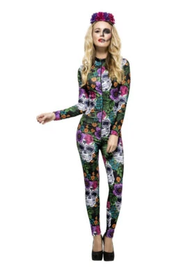 Smiffys Womens Day Of The Dead Catsuit Costume